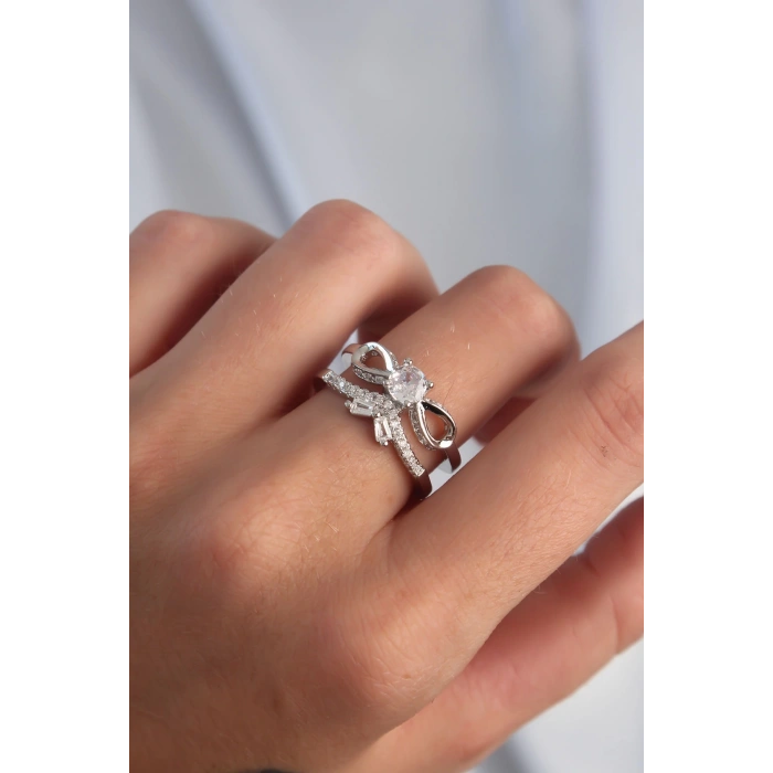 Dodes Dodes Pirinç Ayarlamalı Gümüş Renk Zirkon Taşlı 2li Görünüm Fiyonk Yüzük TG27BYK3288