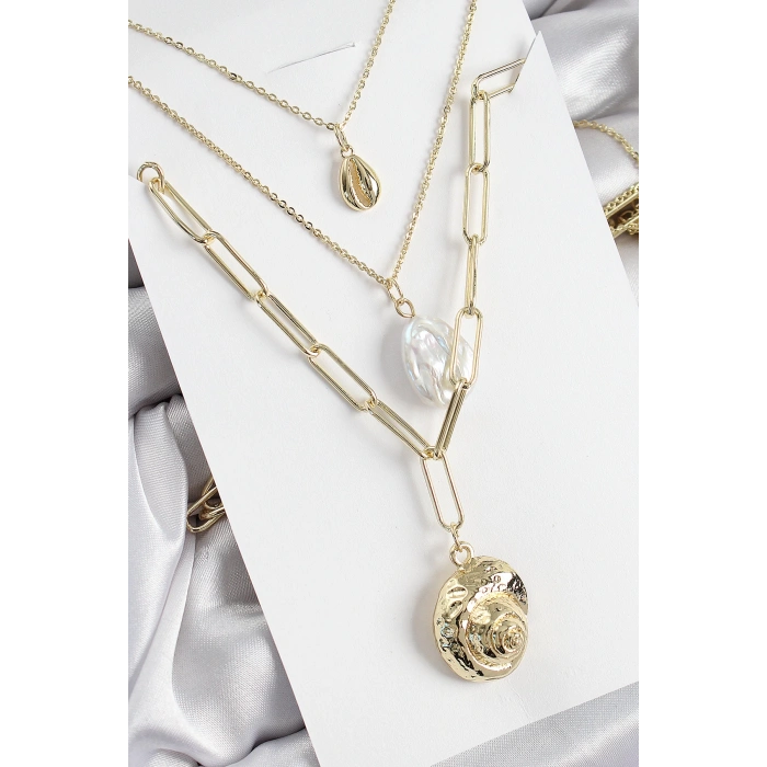 Dodes Dodes Pirinç Çoklu Zincirli İncili Deniz Kabuğu Model Gold Renk Kadın Kolye TG27BKO10370