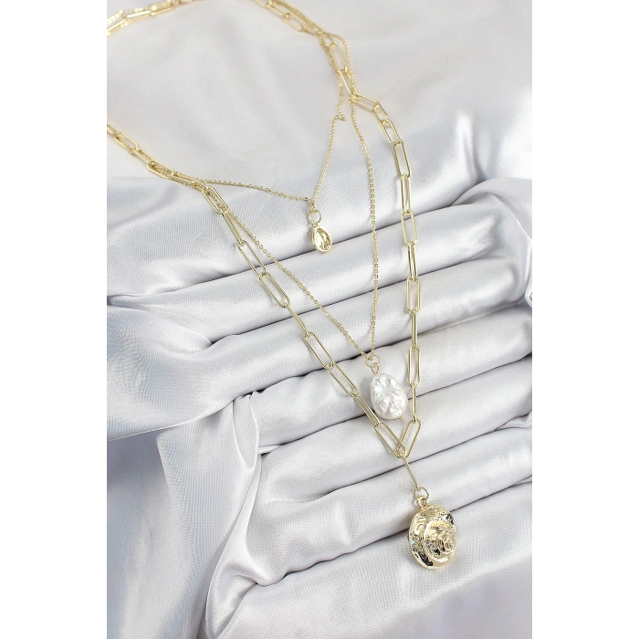 Dodes Dodes Pirinç Çoklu Zincirli İncili Deniz Kabuğu Model Gold Renk Kadın Kolye TG27BKO10370