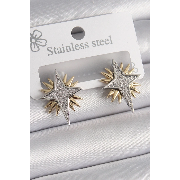 Dodes Dodes Pirinç Gold Gümüş Renk Zirkon Taşlı Kutup Yılıdız Model Kadın Küpe TG27BKP9874