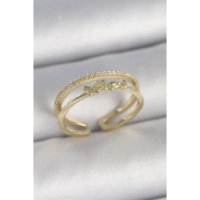 Dodes Dodes Pirinç Gold Renk 2Li Sıra Zirkon Taş Detaylı Kelebek Figürlü Ayarlanabilir Model Kadın Yüzük TG27BYK3733