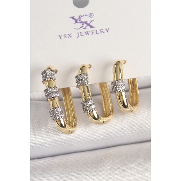 Dodes Dodes Pirinç Gold Renk 3Lü Halka Model Gümüş Zirkon Taş Detaylı Kadın Kombin Küpe TG27BKP10472