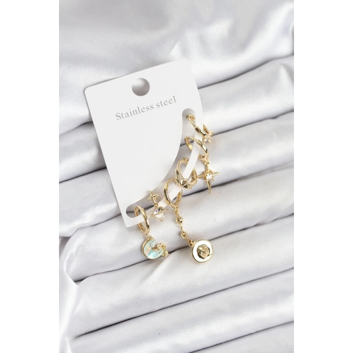 Dodes Dodes Pirinç Gold Renk Ay Model Kadın Set Küpe TG27BKP11219