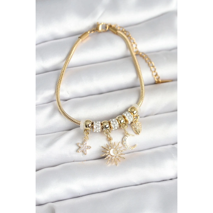 Dodes Dodes Pirinç Gold Renk Ay ve Güneş Charmlı Kadın Bileklik TG27BB7997