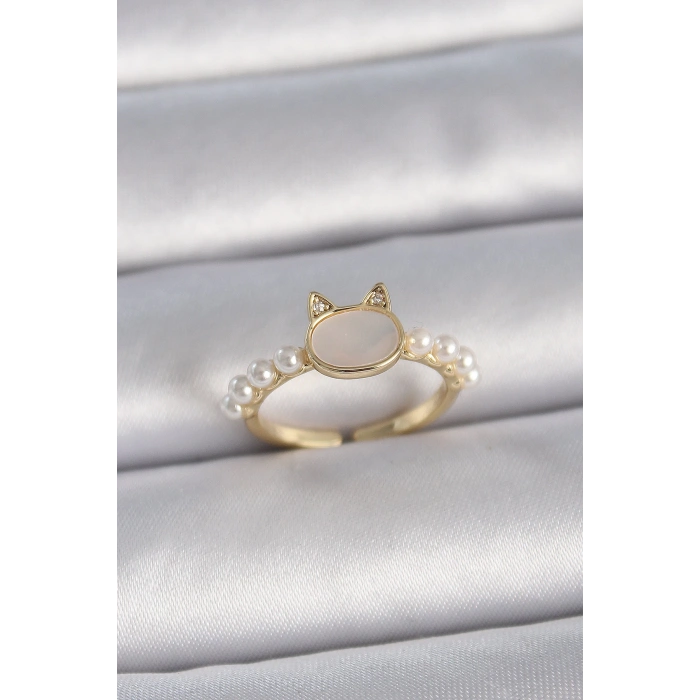 Dodes Dodes Pirinç Gold Renk Ayarlanabilir Beyaz Mineli Kedi Model İnci Detay Kadın Yüzük TG27BYK3386