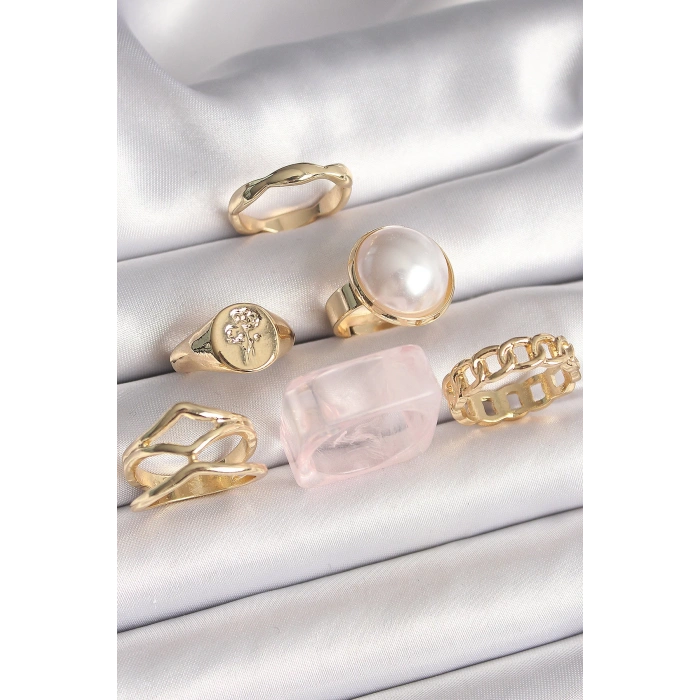 Dodes Dodes Pirinç Gold Renk Beyaz İncili Zincir Yüzük Figür İşleme Detay 6Lı Kadın Yüzük Seti TG27BYK3615