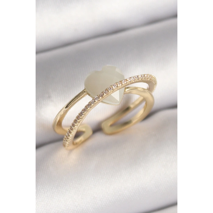 Dodes Dodes Pirinç Gold Renk Beyaz Kristal Kalp Model Zirkon Taş Detay Kadın Yüzük TG27BYK3644