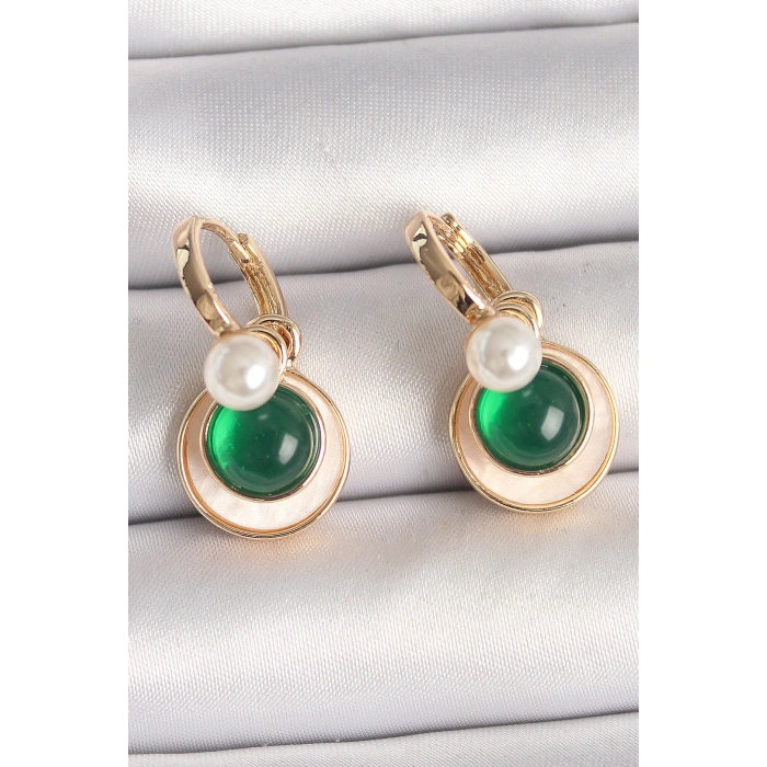 Dodes Dodes Pirinç Gold Renk Beyaz Yeşil Sallantı Mineli Kadın Küpe TG27BKP10363