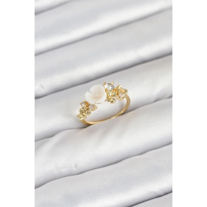 Dodes Dodes Pirinç Gold Renk Çiçek Model Zirkon Taşlı Kadın Yüzük TG27BYK3878