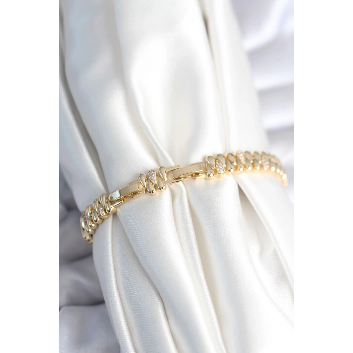 Dodes Dodes Pirinç Gold Renk Damla Model Zirkon Taşlı Kadın Bileklik TG27BB7972