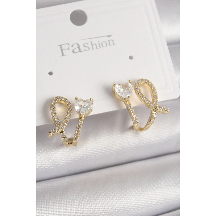 Dodes Dodes Pirinç Gold Renk Düğüm Model Zirkon Taşlı Kalp Detay Kadın Küpe TG27BKP9909