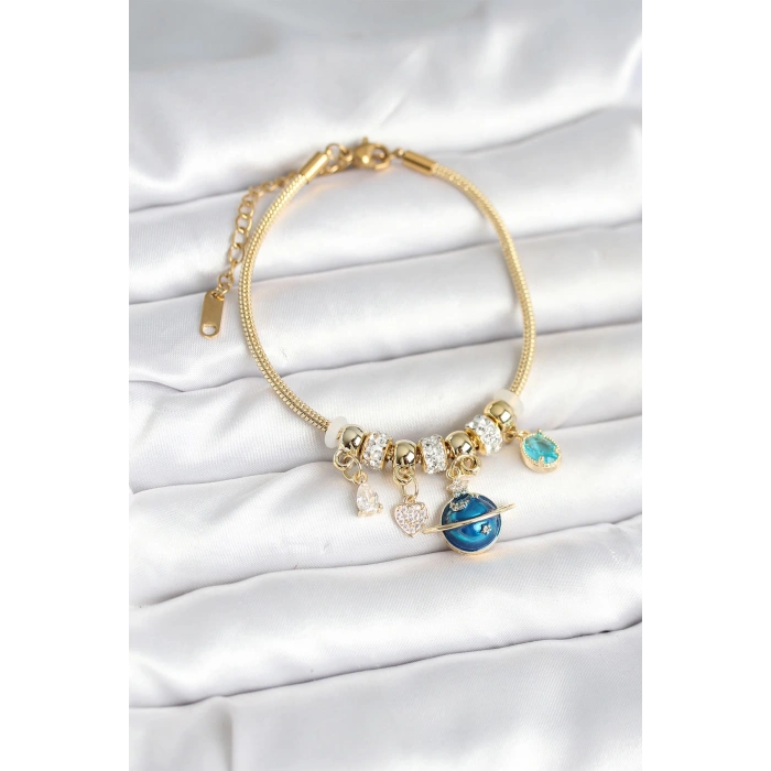 Dodes Dodes Pirinç Gold Renk Dünya Charmlı Kadın Bileklik TG27BB7987