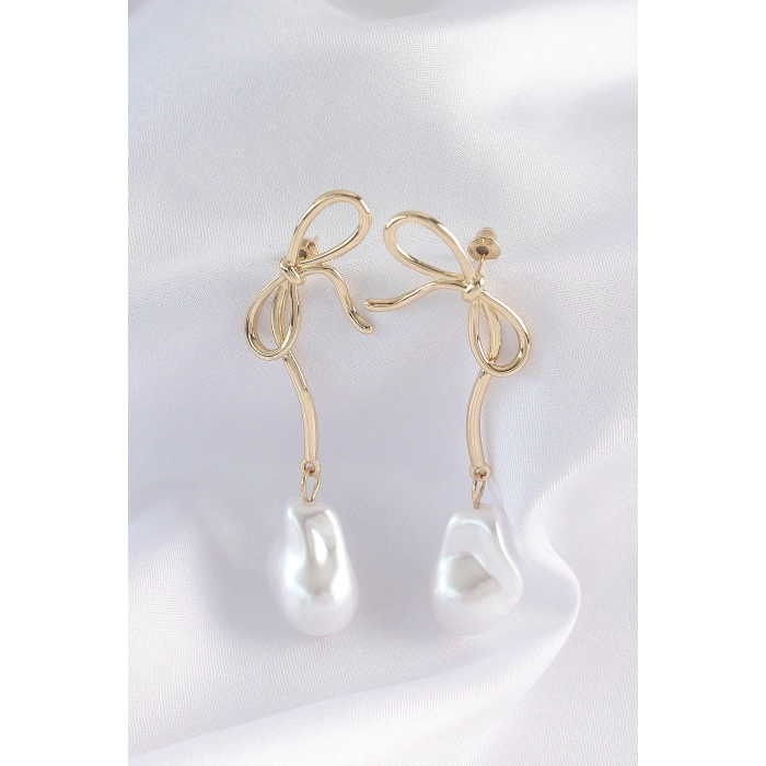 Dodes Dodes Pirinç Gold Renk Fiyonk Model İnci Taşlı Uzun Küpe TG27BKP8923