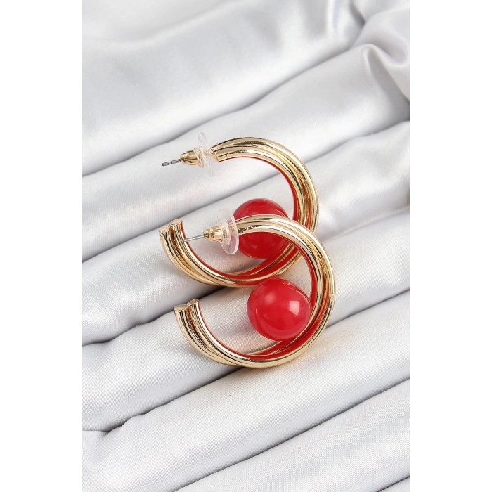 Dodes Dodes Pirinç Gold Renk Halka Model Kırmızı Boncuk Detay Kadın Küpe TG27BKP10366