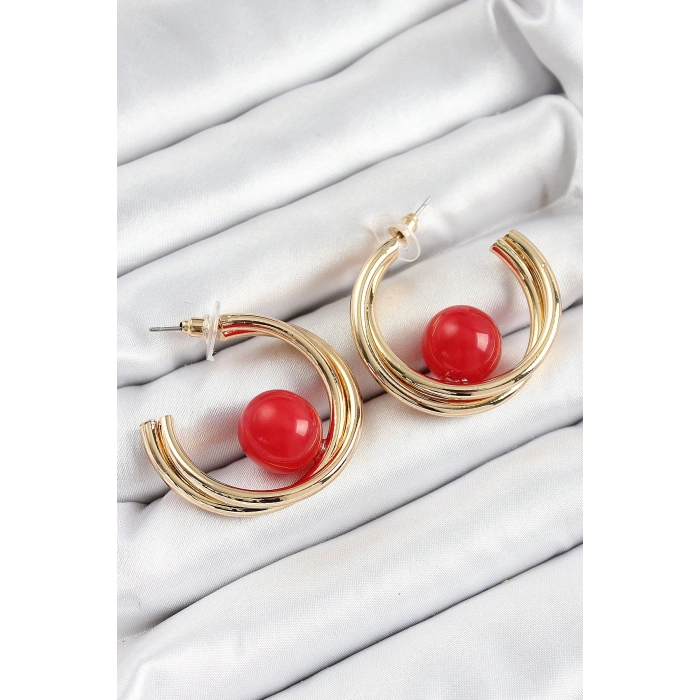 Dodes Dodes Pirinç Gold Renk Halka Model Kırmızı Boncuk Detay Kadın Küpe TG27BKP10366