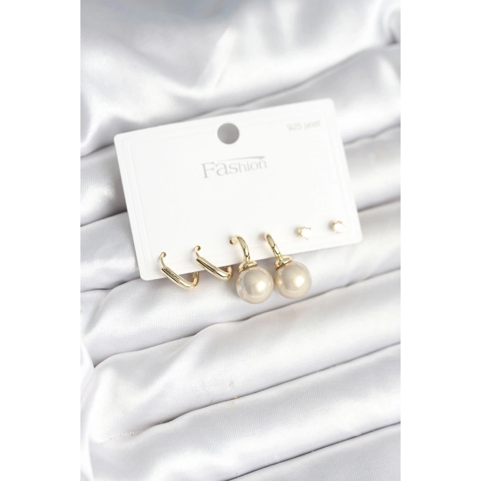 Dodes Dodes Pirinç Gold Renk İnci Detaylı 925 Gümüş Çivili Kadın Küpe Seti TG27BKP11253