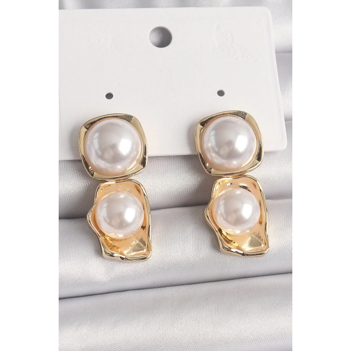 Dodes Dodes Pirinç Gold Renk İnci Kare Model Kadın Küpe TG27BKP10071