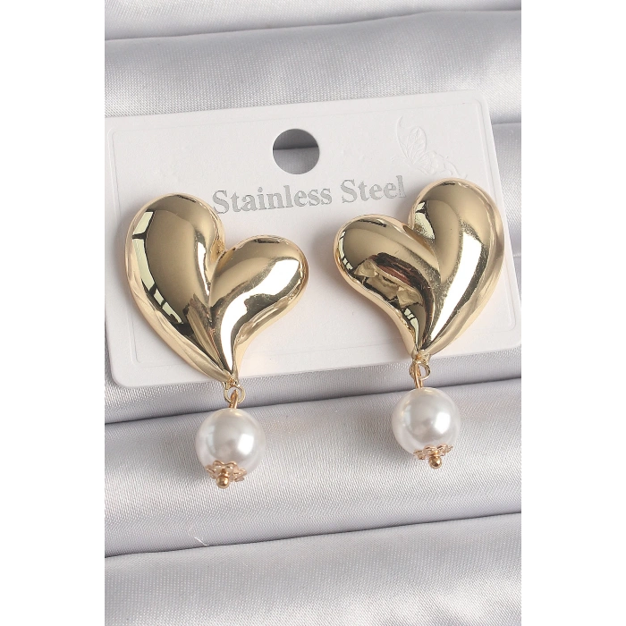 Dodes Dodes Pirinç Gold Renk Kalp Model Sallantı İnci Detay Kadın Küpe TG27BKP10080