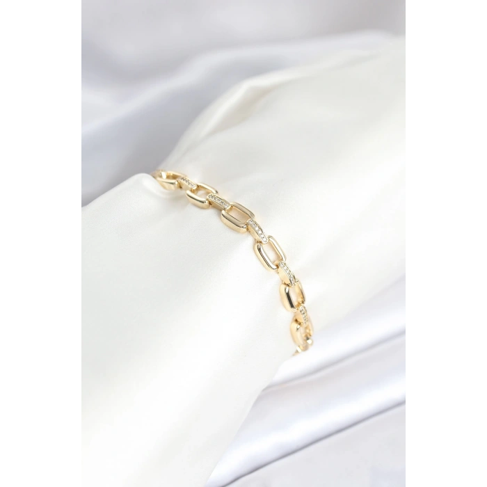 Dodes Dodes Pirinç Gold Renk Kare Zincir Model Zirkon Taşlı Kadın Bileklik TG27BB8030