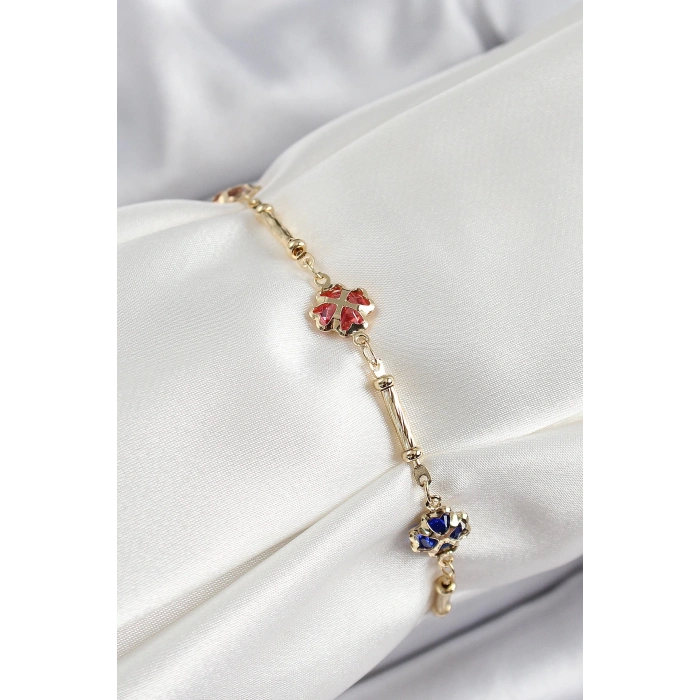 Dodes Dodes Pirinç Gold Renk Karışık Renk Yonca Zirkon Taşlı Kadın Bileklik TG27BB7056