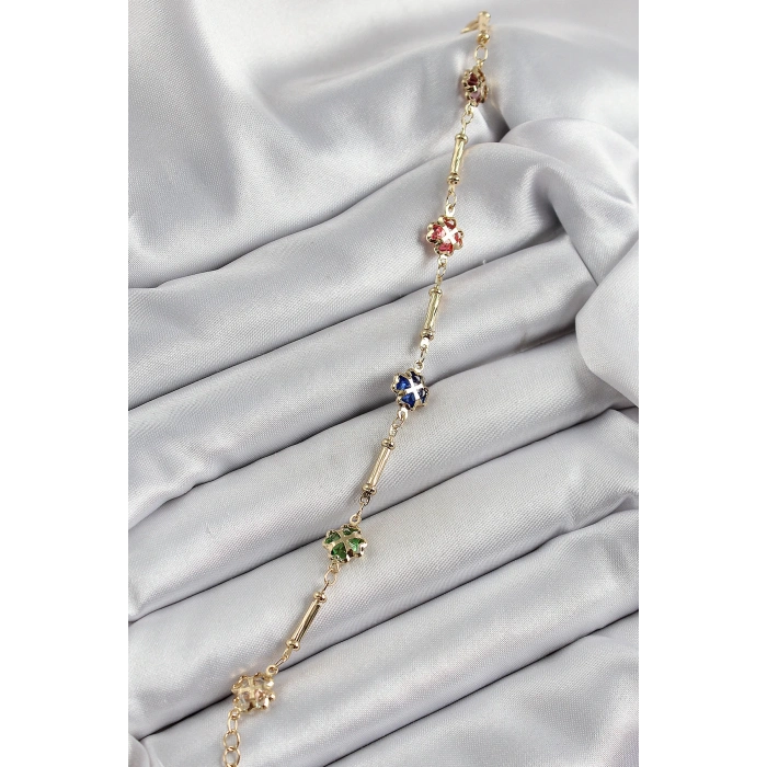 Dodes Dodes Pirinç Gold Renk Karışık Renk Yonca Zirkon Taşlı Kadın Bileklik TG27BB7056