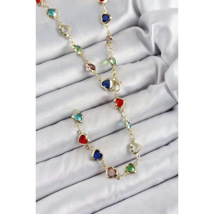 Dodes Dodes Pirinç Gold Renk Karışık Renk Zirkon Taşlı Kalpli Y Kadın Kolye TG27BKO10303