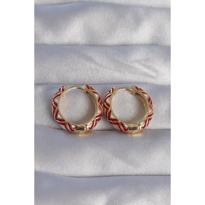 Dodes Dodes Pirinç Gold Renk Kırmızı Etnik Desenli Halka Küpe TG27BKP9074