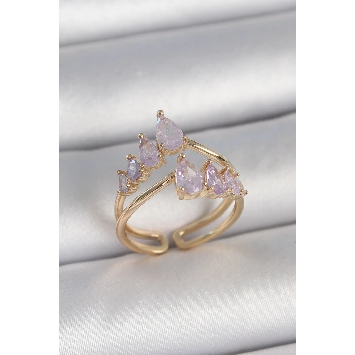 Dodes Dodes Pirinç Gold Renk Mor Damla Zirkon Taşlı Taç Model Kadın Yüzük TG27BYK3715