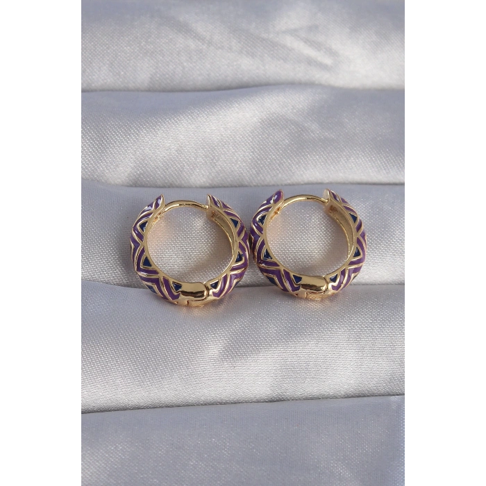 Dodes Dodes Pirinç Gold Renk Mor Etnik Desenli Halka Küpe TG27BKP9076