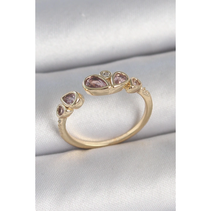 Dodes Dodes Pirinç Gold Renk Pembe Damla Zirkon Taşlı Ayarlanabilir Kadın Yüzük TG27BYK3735