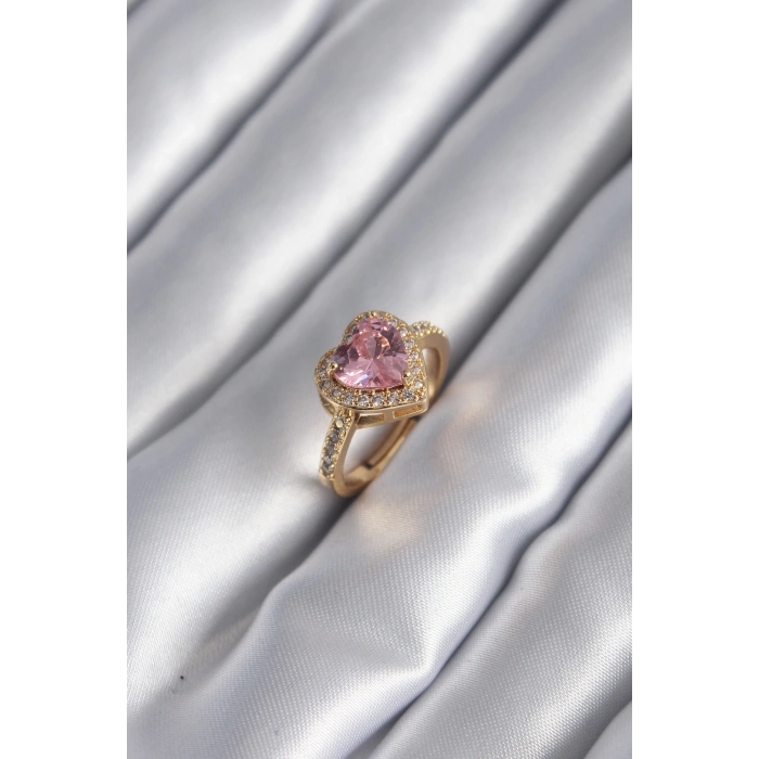 Dodes Dodes Pirinç Gold Renk Pembe Zirkon Taşlı Charm Kalp Model Kadın Yüzük TG27BYK2951