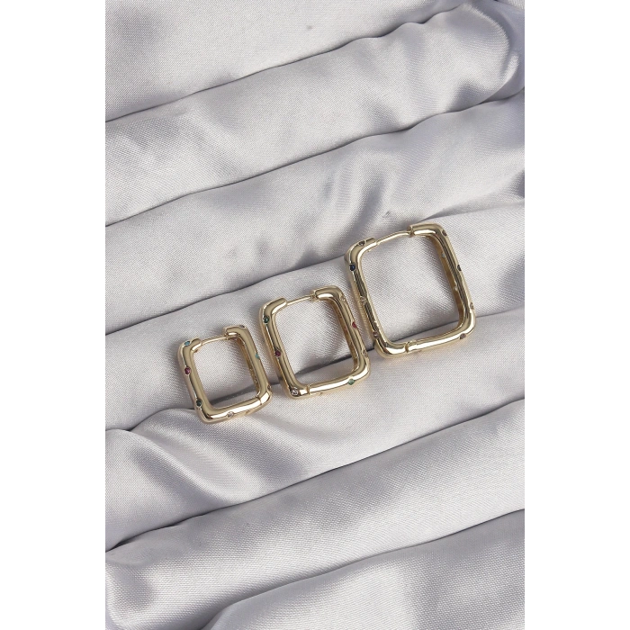 Dodes Dodes Pirinç Gold Renk Renkli Zirkon Taşlı Kare Model Küpe Seti TG27BKP9116