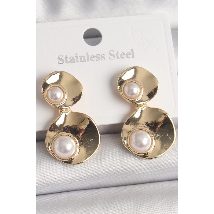 Dodes Dodes Pirinç Gold Renk Sallantı İnci Detaylı Daire Plaka Model Kadın Küpe TG27BKP10077