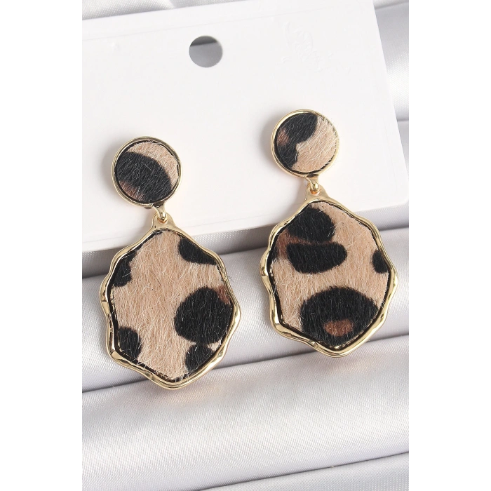 Dodes Dodes Pirinç Gold Renk Sallantı Leopar Desen Plaka Model Kadın Küpe TG27BKP10340