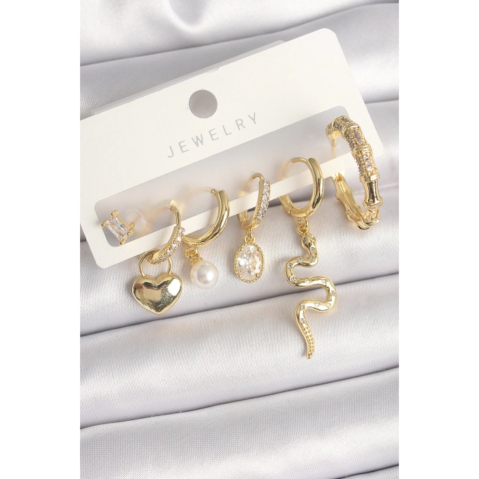Dodes Dodes Pirinç Gold Renk Sallantı Yılan Model Zirkon Taşlı Halka Kilit Kalp Detay Kadın Küpe Seti TG27BKP10369
