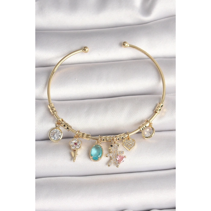 Dodes Dodes Pirinç Gold Renk Sallantı Zirkon Taşlı AYıcık Figür Kalp Detay Charm Kadın Bileklik TG27BB6894