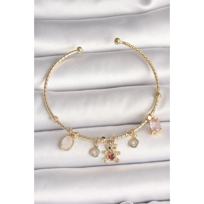 Dodes Dodes Pirinç Gold Renk Sallantı Zirkon Taşlı Ayıcık Figür Kırmızı Kalp Detay Charm Kadın Bileklik TG27BB6896