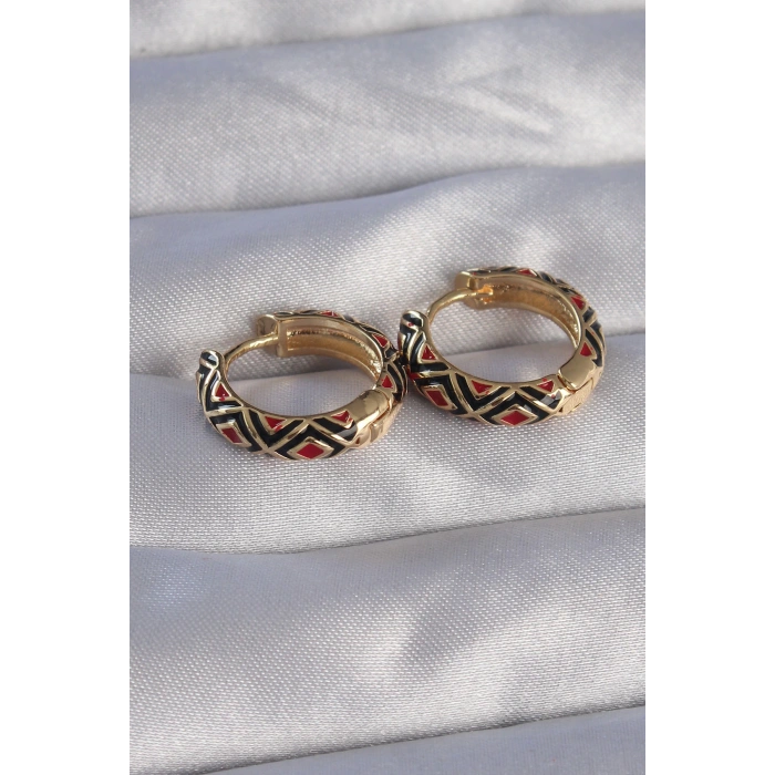 Dodes Dodes Pirinç Gold Renk Siyah Etnik Desenli Halka Küpe TG27BKP9073