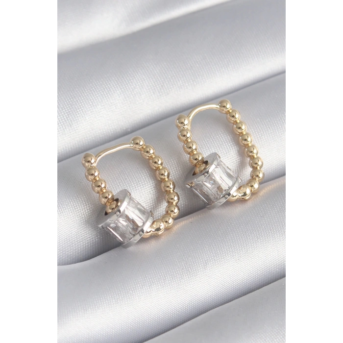 Dodes Dodes Pirinç Gold Renk Top Model Gümüş Renk Zirkon Taşlı Kadın Küpe TG27BKP8495