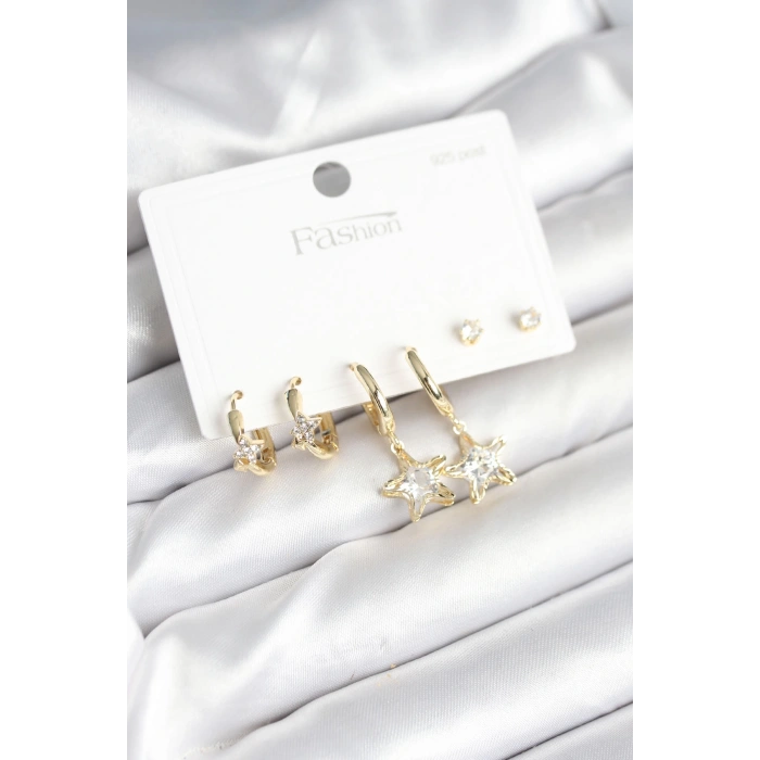 Dodes Dodes Pirinç Gold Renk Yıldız Model 925 Gümüş Çivili Kadın Küpe Seti TG27BKP11256