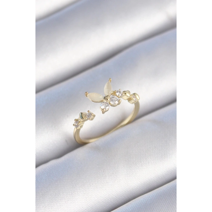 Dodes Dodes Pirinç Gold Renk Zirkon Taş Detaylı Beyaz Mineli Kelebek Model Kadın Yüzük TG27BYK3432