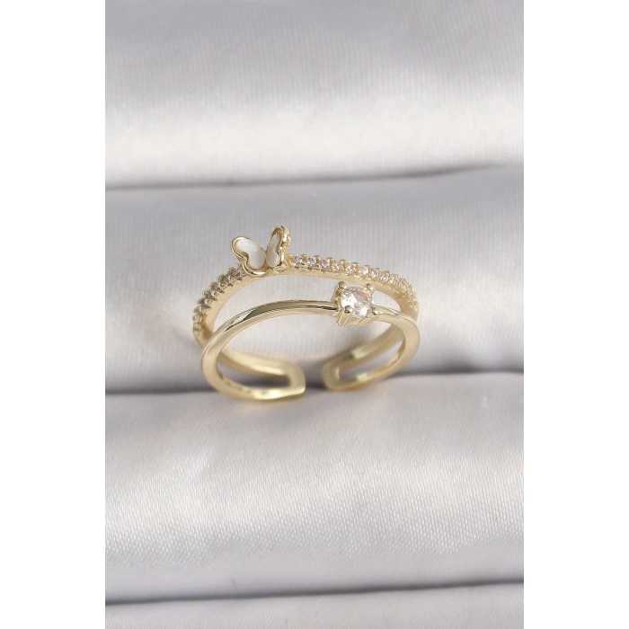 Dodes Dodes Pirinç Gold Renk Zirkon Taş Detaylı Kelebek Figür Ayarlanabilir Yüzük TG27BYK3527