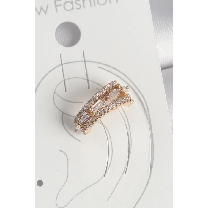 Dodes Dodes Pirinç Gold Renk Zirkon Taşlı 3Lü Sıralı Model Kadın Kıkırdak Küpe TG27BKP10580