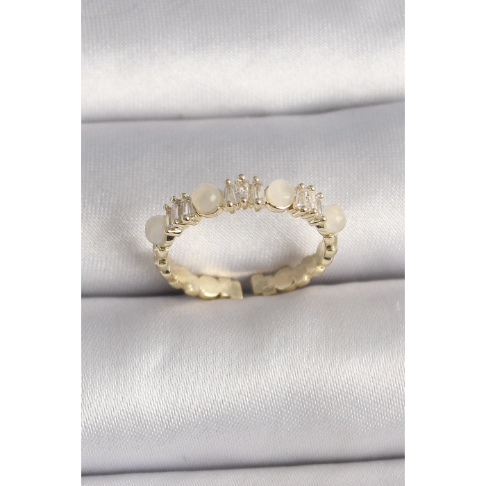 Dodes Dodes Pirinç Gold Renk Zirkon Taşlı Beyaz Mineli Ayarlanabilir Yüzük TG27BYK3559