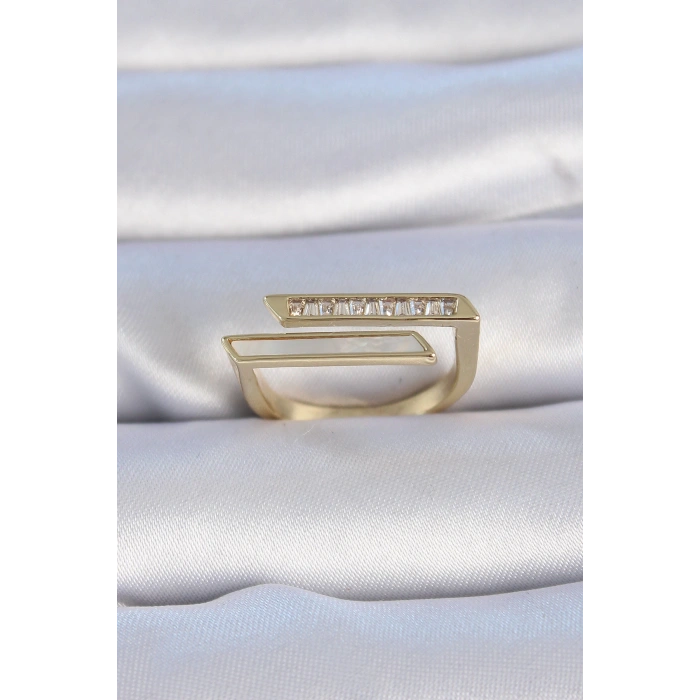 Dodes Dodes Pirinç Gold Renk Zirkon Taşlı Beyaz Sedef Detay Kadın Yüzük TG27BYK3348