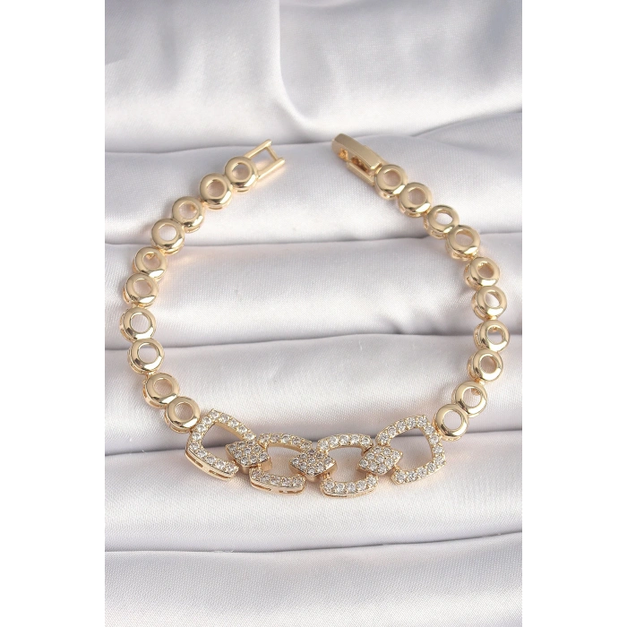 Dodes Dodes Pirinç Gold Renk Zirkon Taşlı Daire Zincir Model Kadın Bileklik TG27BB6842