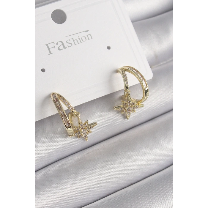 Dodes Dodes Pirinç Gold Renk Zirkon Taşlı Halka Model Yıldız Detay Kadın Küpe TG27BKP9989