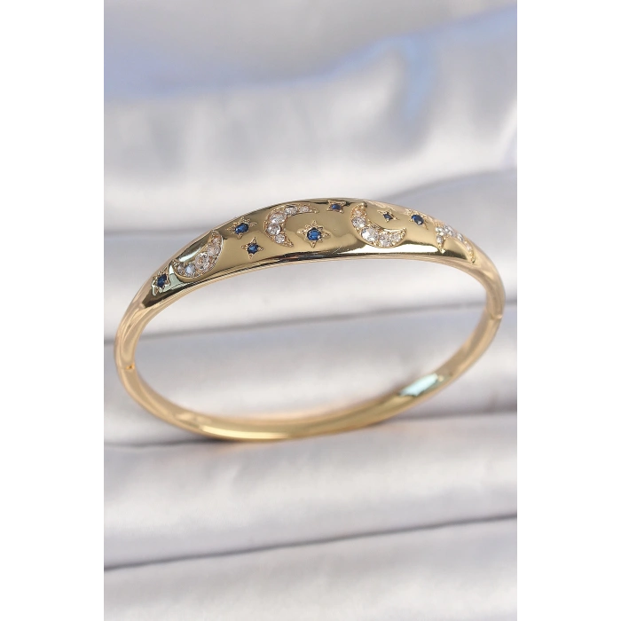 Dodes Dodes Pirinç Gold Renk Zirkon Taşlı Hilal İşleme Mavi Taşlı Yıldız Detay Kadın Kelepçe TG27BB6920
