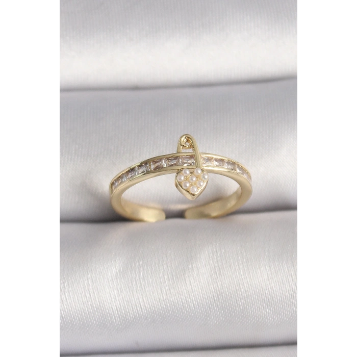 Dodes Dodes Pirinç Gold Renk Zirkon Taşlı İnci Detay Kilit Kalp Figür Ayarlanabilir Yüzük TG27BYK3537