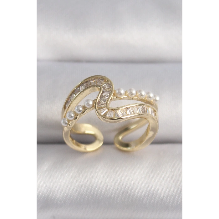 Dodes Dodes Pirinç Gold Renk Zirkon Taşlı İnci Detay VIP Seri Kadın Yüzük TG27BYK3520